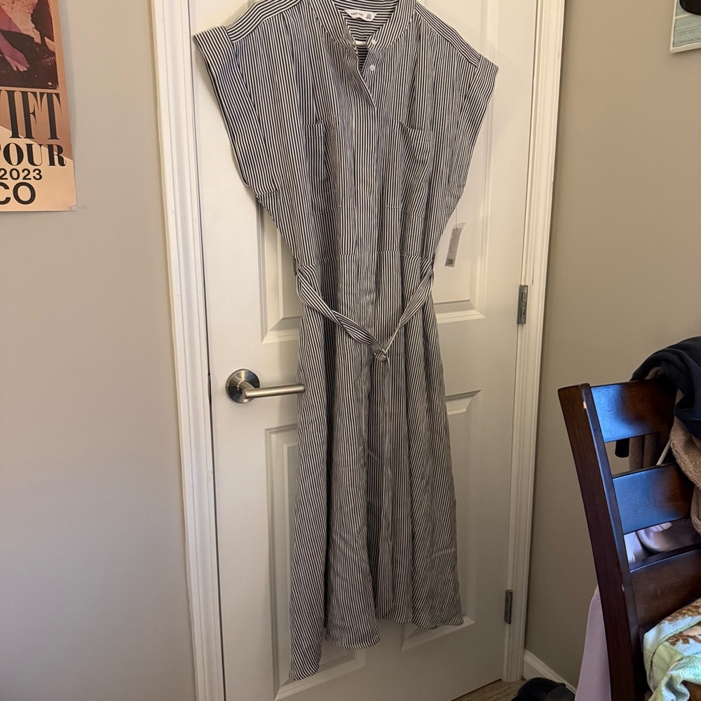 Nine West Gray/White Striped Midi Shirt Dress. Belted. Button-Down. Pockets.